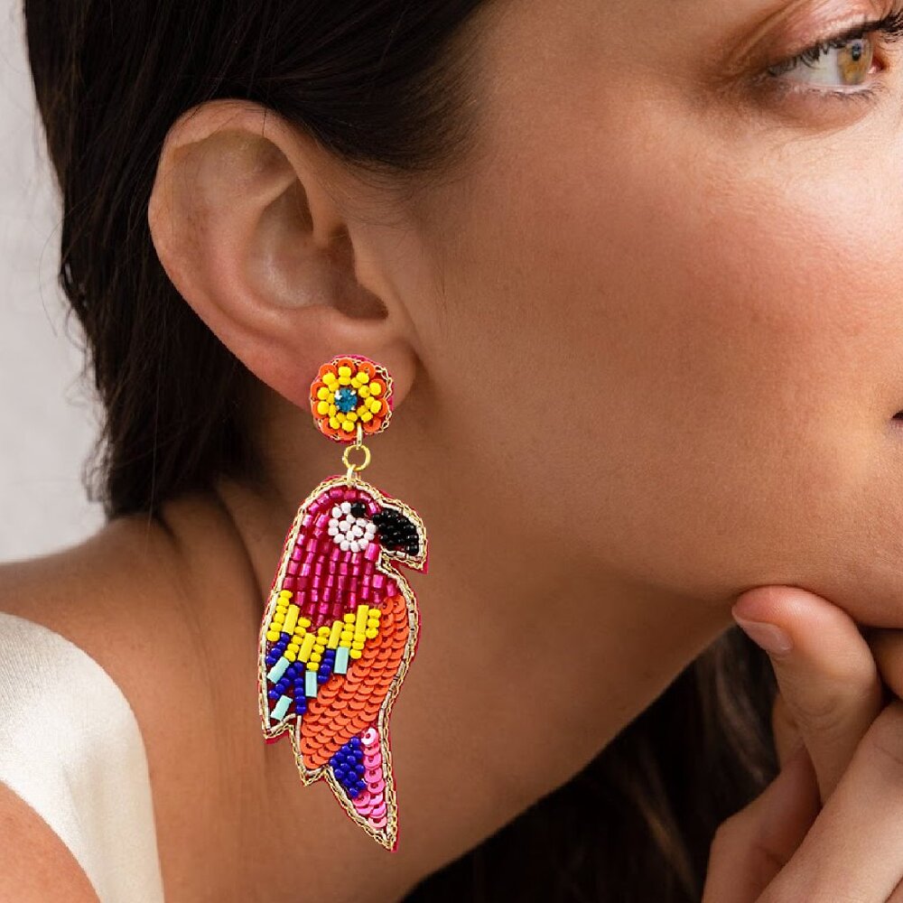 Seed Beaded Parrot Tropical Bird Colorful Summer Resort Vacation Earrings